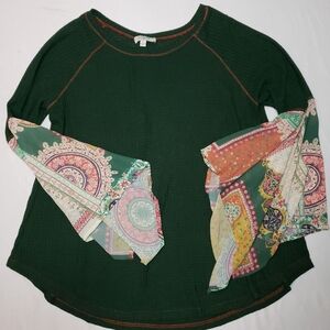 Umgee Forest Green Blouse with Scarf Print Flowy Sleeves